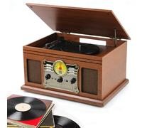 HCAUYNN Platine Vinyle 3 Vitesses, Bluetooth, Lecteur CD/Cassette, Radio AM/FM, USB, Haut-parleurs intégrés, extérieur en Bois Fait Main