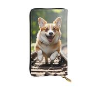 HCBPWVQA Portefeuille en cuir pour homme et femme - Grand porte-cartes de crédit - Motif chien Corgi qui court sur le chemin de fer - Portefeuille avec fermeture éclair pour téléphone portable - Noir