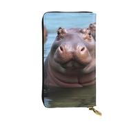 HCBPWVQA Portefeuille en cuir pour homme et femme - Grand porte-cartes de crédit - Motif hippopotame mignon - Avec fermeture éclair - Support de téléphone - Long sac à main de voyage - Noir - Taille