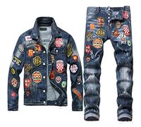 Hcclijo Badge Jacket Jeans Ensemble 2 pièces pour homme Retro Reppied Slim Denim Jacket Multi Badge Stretch Jeans Ensembles
