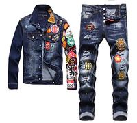 Hcclijo Ensemble deux pièces en denim multi-badges avec veste brodée + jean stretch