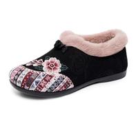 HCDZF Mocassins d'hiver pour Femmes, brodés, doublés de Fausse Fourrure Chaude, à Enfiler, Chaussures en Coton antidérapantes,Noir,41 EU