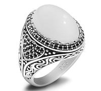 HCGX Bague for homme en argent S925 avec agate blanche naturelle - classique sertie d'une pierre noire, cadeau fait main Turquie(12)