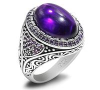 HCGX Bague homme en argent 925 avec améthyste naturelle - Pierre précieuse ovale pierres latérales, sertie lunette, style hip-hop/rock turc fait main, ~9 g(8)