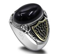 HCGX Bague homme en argent 925, fabriquée à la main - Agate noire naturelle, sertie d'un cabochon ovale, accents, style turc classique(10)