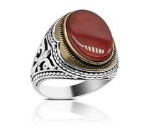 HCGX Bague turque en argent 925 - Pierre rouge naturelle, sertie d'une lunette ovale, style artisanal(Red,10)