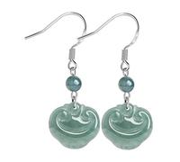 HCGX Boucles d'oreilles en pierre bleue verte for femmes, boucles argent Jade 925 sculptées Ruyi Drop