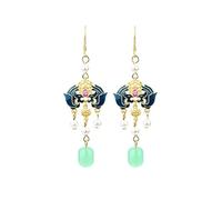 HCGX Boucles d'oreilles pendantes en calcédoine plaquée or 24 carats, bijoux émail bleu, pompon fausses perles