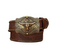 HCGX Ceinture de rodéo avec boucle en forme taureau Longhorn doré, sangle à rivets travaillés, 120 cm(Dark Brown)