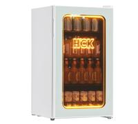 HCK Réfrigérateur pour Boissons de 98 L, Mini Réfrigérateur avec Éclairage Orange 3D et Porte en Verre, Réfrigérateur Compact de 105 Canettes avec Étagères Réglables pour Soda, Bière ou Vin(Blanc)