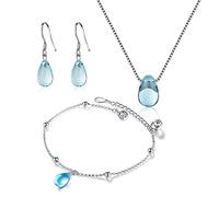 HCMA 925 Argent Simple Mariage Bleu Goutte d'eau Larmes Collier en Cristal + Boucles d'oreilles + Bracelet pour Femmes Ensembles de Bijoux