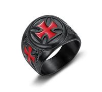 HCMA Vintage Noir et Rouge en Acier Inoxydable Rouge Armure Bouclier templier Chevalier croisé Croix Punk Anneau amulette maçonnique Bijoux Cadeau
