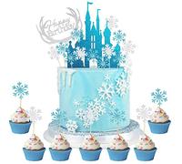 HCRXVV Décoration de gâteau pour filles, décoration de gâteau d'anniversaire Frozen Glitter avec flocon de neige, topper de gâteau Ice Blue argenté pour décorations de Noël, décoration de gâteau de
