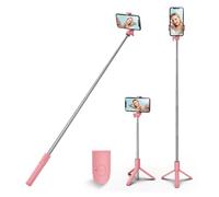 HCTian Trépied pour Perche à Selfie, 3 en 1, Extensible, Rotation à 360°, avec télécommande sans Fil Amovible, Support de téléphone Portable, Compatible avec iPhone, Android, Samsung (Rose)