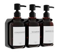 HCYWOC Distributeur Savon Mural sans Percage, Lot de 3 Distributeur Savon Mural, 500 ML Distributeur de Savon Mural avec 16 Étiquettes Imperméables, Distributeur Savon Salle de Bain et Cuisine, Ambre
