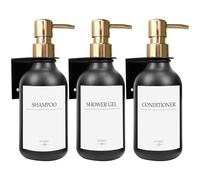 HCYWOC Lot de 3 Distributeur Savon Mural, Distributeur Savon Mural sans Percage avec 16 Étiquettes Imperméables, 500 ML Distributeur de Savon Mural, Distributeur Savon Salle de Bain et Cuisine,Or Noir