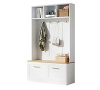 HD26021202 Ensemble garde-robe murale avec banc et 2 portes, 3 compartiments de rangement ouverts et 4 crochets, 105 x 40 x 180 cm, blanc