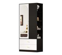 HD26021205 - Armoire à portes battantes - Avec miroir et 1 porte - Armoire polyvalente avec 2 tiroirs et compartiments de rangement ouverts - 80 x 48 x 180 cm - Blanc + noir