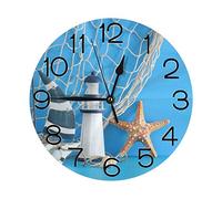 Hdadwy Élégant 3D Nautique Voilier Phare Étoile De Mer Coquillages Résille sur Bleu en Bois Horloge Murale Ronde À Piles Quartz Analogique Calme Maison Décor De Cuisine Horloges Murales (9,5 Pouces)