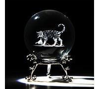 HDCRYSTALGIFTS Boule de cristal 3D plaquée argent, 6,1 cm, gravée au laser, décoration intérieure en verre, cadeau (chat et corde)