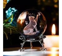 HDCRYSTALGIFTS Boule de cristal en forme de chat avec support, gravure laser 3D, boule de cristal décorative (6,3 cm, transparente)