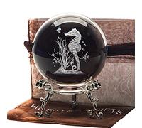 HDCRYSTALGIFTS Boules décoratives en cristal 3D gravées au laser - Hippocampe - Presse-papier en verre - Figurine Feng Shui avec support de floral plaqué argent 60 mm