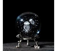 HDCRYSTALGIFTS Méduse en 3D avec gravure laser et étoile océanique, 60 mm, sphère décorative en verre avec support plaqué argent, décoration pour la maison