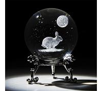 HDCRYSTALGIFTS Presse-papier en forme de boule de cristal 3D avec support de fleurs plaqué argent, figurine de lapin gravée au laser de 60 mm, objet de collection, boule en verre décorative, cadeau
