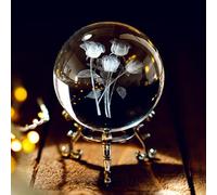 HDCRYSTALGIFTS Presse-papier en forme de bouquet de roses sculptées en 3D avec boule de cristal et support de fleurs plaqué argent, 60 mm