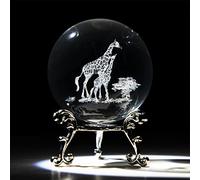 HDCRYSTALGIFTS Presse-papier en verre gravé au laser 3D de 60 mm avec motif de girafes et mamans et bébés girafes - Décoration en verre - Avec support - Cadeau girafe