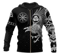 HDDQH Sweat À Capuche Zippé Nordic Men's Viking Totem Odin Ravens - Sweat-Shirt Vegvisir Rune Imprimé en 3D - Pull À Manches Longues Junior Valknut. (Color : Black, Size : XL)
