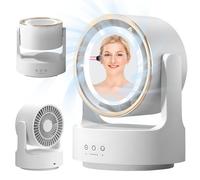 HDeye Desk fan, avec lumière et miroir cosmétique, 5 vitesses, 2400mAh, autonomie 3-6 heures, tête rotative automatique, interrupteur tactile