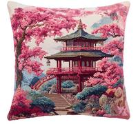 Hdfvlfdsa Fleurs Broderie Coussin Point De Croix Kit Complet,Paysage Du Pavillon Sakura Kit Point De Croix Diy Loisir Créatif Pour Adulte,45X45Cm Cadeau De Décoration Intérieure