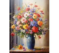 Hdfvlfdsa Point De Croix Kit Complet, Bouquet De Fleurs Sur Le Rebord De La Fenêtre 40X50Cm 11Ct Canevas Debutant Broderie Imprimé,Diy Kit Broderie Point De Croix,Badge Magique