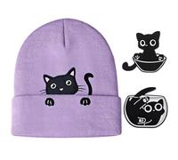 HDGSAFD 1 Bonnet Tricoté, 2 Broches Chat, Chapeau Brodé Chat, Chapeau Chaud Dessin Animé Mignon, Chapeau Mode