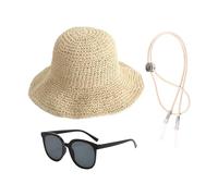 HDGSAFD 1 Chapeau De Paille, 1 Corde Coupe-Vent Et 1 Paire De Lunettes De Soleil, Chapeau De Paille À Larges Bords Pour Femme, Chapeau Respirant Anti-Ultraviolet, Adapté Aux Vacances D'Été.
