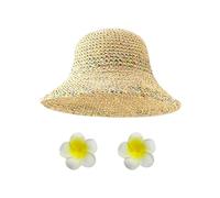 HDGSAFD 1 Chapeau De Paille D'Été Et 2 Couvre-Chefs En Frangipanier, Chapeau De Plage Tissé Creux, Chapeau De Soleil À Gros Bords, Accessoires De Vacances En Plein Air.