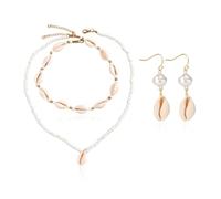 HDGSAFD 1 Collier Coquillage Et 1 Paire De Boucles d'oreilles, Collier De Perles Double Couche, Bijoux Élés Rétro, Boucles d'oreilles en Coquillage De Perles, Accessoires De Mode De Vacances.