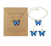 HDGSAFD 1 Collier Papillon Bleu Royal, 1 Bracelet Et 1 Paire De Boucles d'oreilles, Chaîne Clavicule Réglable, Bracelet Romantique D'Été, Accessoires Assortis pour Vêtements De Vacances.