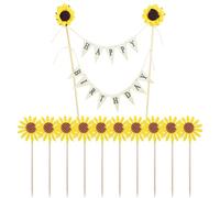 HDGSAFD 1 Insert De Drapeau d'anniversaire Et 10 Inserts De Tournesol, Décoration De Gâteau d'anniversaire, Décoration De Gâteau Créative, Fournitures De Fête