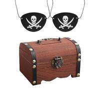 HDGSAFD 1 Tirelire en Paulownia Marron Et 2 Masques pour Les Yeux De Pirate, Forme D'Épée De Crâne, Ensemble De Rangement Amusant, Adapté À La Décoration De La Chambre des Enfants.