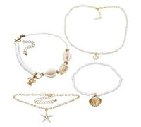HDGSAFD 3 Morceaux De Bracelet De Cheville en Coquillage, 1 Morceau De Collier Pendentif en Coquillage, Chaîne De Cheville De Fête sur La Plage, Bijoux De Fille À La Mode.