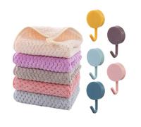 HDGSAFD 5 Pièces De Serviettes Carrées en Velours Corail Et 5 Pièces De Crochets À Serviettes Autocollants, Serviettes Absorbantes, Chiffons De Nettoyage, Essuie-Mains, Serviettes Carrées