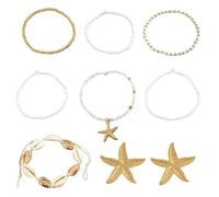 HDGSAFD 7 Bracelets et 1 Paire de Boucles d'Oreilles Étoile de Mer, Bijoux Élément Marin à la Mode, Bohème Classiques
