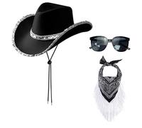 HDGSAFD Chapeau Cowboy Noir, Pochette Frange et Lunettes Soleil - Accessoires Cosplay & Habillage Rétro Mode Femmes