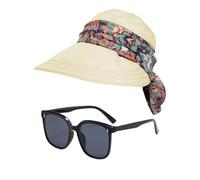 HDGSAFD Chapeau de Protection UV pour Femme avec Lunettes de Soleil - Protection du Cou Pliable, Beige, S/M