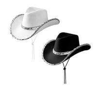 HDGSAFD Lot de 2 chapeaux de cowboy western pour femme, chapeaux de cowboy avec paillettes, chapeaux de cowboy avec bord argenté, adaptés pour les fêtes de danse musicale, les fêtes à thème, le