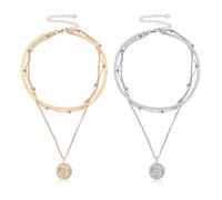 HDGSAFD Lot de 2 colliers multicouches pour femme, colliers bohème, bijoux fantaisie, colliers élégants, chaînes empilées, accessoires vestimentaires, chaînes pendentif (or, argent), Zinc
