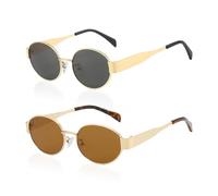 HDGSAFD Lot de 2 lunettes de soleil rétro ovales pour hommes et femmes, lunettes anti-UV, lunettes de soleil rondes, lunettes en métal, équipement de lunettes de voyage, lunettes de soleil rétro pour