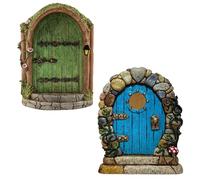 HDGSAFD Lot de 2 portes de fée en bois - Maison de fée pour le jardin - Mini porte de fée miniature - Porte de fée - Porte naine (bleu, vert)